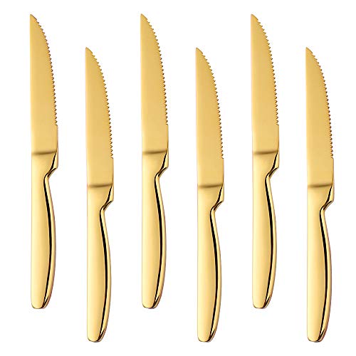 Stainless Steel Serrated Steak Knife Set of 6, BuyGo Gold Color Heavy Duty Dinner Table Knives for Cutting Meat, Beef, 8.6 Inch, Dishwasher Safe | The Storepaperoomates Retail Market - Fast Affordable Shopping