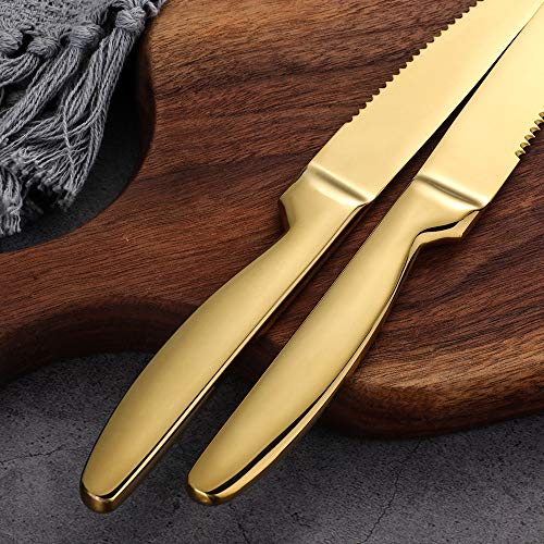 Stainless Steel Serrated Steak Knife Set of 6, BuyGo Gold Color Heavy Duty Dinner Table Knives for Cutting Meat, Beef, 8.6 Inch, Dishwasher Safe | The Storepaperoomates Retail Market - Fast Affordable Shopping