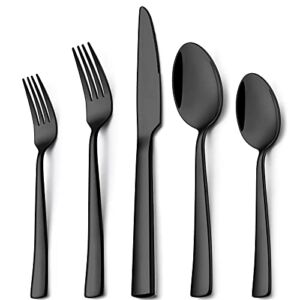 Wildone 60-Piece Black Silverware Set, Stainless Steel Flatware Square Cutlery Set Service for 12, Eating Utensils Include Knife Fork Spoon, Mirror Polished & Dishwasher Safe