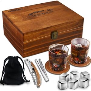Whiskey Glasses Set for Men, Whiskey Stones Gift Box Includes 2 Crystal Whiskey Glasses & 6 Stainless Steel Chilling Cubes for Scotch Bourbon,Idea for Husband Dad Birthday, Anniversary Fathers Day