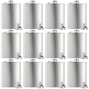 Hip Flasks for Liquor for Men Women 12 pcs 8Oz Silver Stainless Steel Flask with 12 pcs Funnels for Wedding Party Groomsman Bridesmaid Birthdays Gift