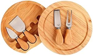 Cheese/Charcuterie Board with Knife Picnic Gift Set – 5 Piece Cutting Board Includes 4 Stainless Steel UTENSILS with Wooden Handles (7.87″”x7.87″”x1.38″” rubberwood cutting board with drawer)