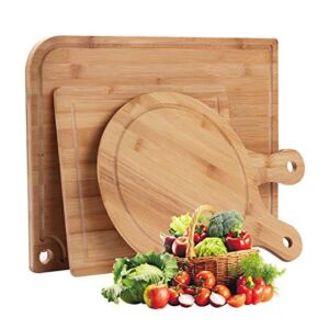 Ivoku Organic Bamboo Cutting Board Set 3-Piece with Juice Groove,Christmas Gift,Meat Chopping Boards,Pizza Peel Paddle with Handle for Homemade Baking Pizza Bread Cake Fruit Vegetables