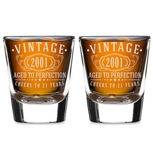 2pk Vintage 2001 Etched 1.75oz Shot Glasses – 21st Birthday Gift Aged to Perfection – 21 years old Anniversary