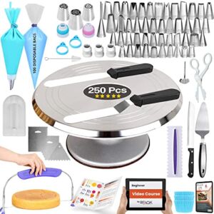 RFAQK 250 PCs Aluminum Cake Decorating Tools Kit with 12″ Metal Turntable & Knife set-48 Numbered Icing Tips-3 Russian Piping Nozzles-Straight & Angled Spatula-Cake Leveler& Baking Supplies Tools
