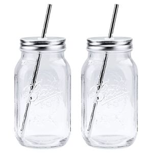Smoothie Cups with Lids and Straws 24oz, Ice Coffee Cup Glass, Mason Jar Cups, Mason Jar Drinking Glasses, Regular Mouth Mason Jars, Drinking Mugs, Tea Cup Travel Mug, Ideal for Juice, Milk ( 2 Pack )