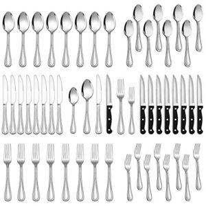 LIANYU Silverware Flatware Set for 8, 48-Piece Silverware Cutlery Set with Steak Knives, Stainless Steel Eating Utensils Tableware Include Forks Spoons Knives, Beaded Edge, Dishwasher Safe