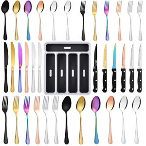 36 Pieces Colorful Flatware Set with Silverware Organizer, Stainless Steel Tableware Cutlery Set Service for 6 by DSNN, Dishwasher Safe Multicolor