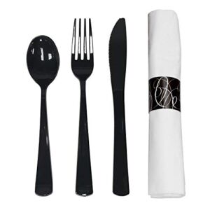 Party Essentials – N501732 Extra Heavy Duty Cutlery Kit with Black Fork/Knife/Spoon and 3-Ply White Napkin (Case of 300 rolls)