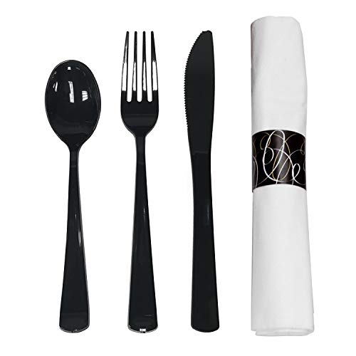 Party Essentials – N501732 Extra Heavy Duty Cutlery Kit with Black Fork/Knife/Spoon and 3-Ply White Napkin (Case of 300 rolls) | The Storepaperoomates Retail Market - Fast Affordable Shopping