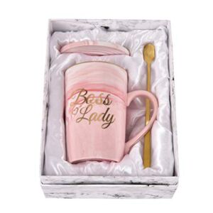 Boss Lady Coffee Mug for Women Boss Lady Gifts for Boss Woman Coffee Mug Appreciation Mug for Boss Day Mug for Boss Boss Lady Mugs Printing with Gold 14Oz with Exquisite Box Packing Spoon and Coaster