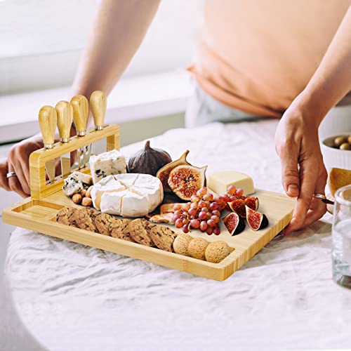 Secura Bamboo Cheese Board, Charcuterie Boards Set Cheese Platters Wood Serving Board and Knife Set with Knife Stand for Wine Wedding Housewarming Gifts | The Storepaperoomates Retail Market - Fast Affordable Shopping