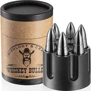 Whiskey Stone Bullets Gift Set – Stainless Steel Bullet Shaped Whiskey Stones with Revolver Freezer Base, Reusable Bullet Ice Cube for Whiskey Gift Set for Men, Dad, Husband, Boyfriend(Silver)
