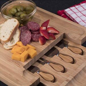 COMMERCIAL CHEF Cheese Board Premium Bamboo Kitchen Cutting Board Wood Set Charcuterie Platter Serving Tray, 4 Stainless Steel Knife and Server Set, Large
