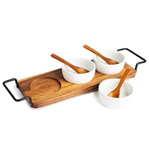 Acacia Wood Serving Tray with 3 Ceramic Bowls & 3 Wooden Spoons – Relish Tray with Stainless Steel Handles & Non-Scratch Rubber Feet Serves as Chip and Dip Serving Set for Sauces, Dips & Much More