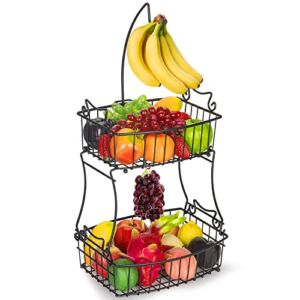 Bextsrack 2-Tier Fruit Basket Bowl with Banana Hanger, Metal Wire Vegetable Storage for Kitchen Countertop, Black