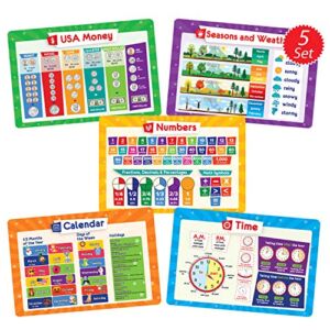 Simply Magic 5 Placemats for Kids – Kids Placemats Non Slip, Washable Reusable Toddler Placemats, Educational Placemats: Money, Numbers, Weather and Seasons, Calendar, Time, Plastic Placemats for Kids