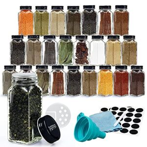 24 square spice jars, FuzeDa 4oz Empty Square Spice Bottles with Shaker Lids and Airtight Black Metal Caps, Condiment Pots, Chalk Marker, Silicone Collapsible Funnel, Cloth Included