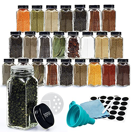 24 square spice jars, FuzeDa 4oz Empty Square Spice Bottles with Shaker Lids and Airtight Black Metal Caps, Condiment Pots, Chalk Marker, Silicone Collapsible Funnel, Cloth Included | The Storepaperoomates Retail Market - Fast Affordable Shopping