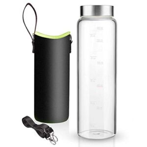 32 oz Glass Water Bottle – Nylon Bottle Protection Sleeves, Stainless steel Lid, And 1L Time Marked Measurements, Reusable, Eco-Friendly, Safe for Hot Liquids Tea Coffee Daily