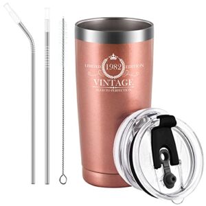 1982 40th Birthday Gifts for Women Vintage 1982 40 Years Old Aged Gifts for Women Travel Tumbler, 20 Oz Insulated Stainless Steel Travel Tumbler for Birthday Anniversary Decorations, Rose Gold