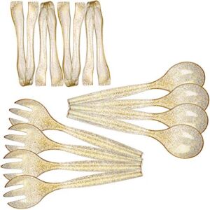 Plastic Serving Utensils, Heavy Duty Disposable utensil,12 Pack, Four 10” Spoons and Forks, Four 6-1/2” Tongs, Gold