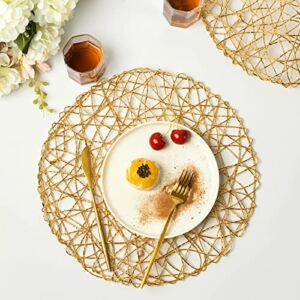 IcosaMro Gold Round Placemats Set of 6 for Dining Table, 15 Inch Paper Woven Boho Decorative Circle Place Mat for Wedding Christmas Thanksgiving Day Holiday Dinner