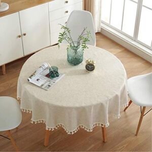 Round Tablecloth, DarNio Cotton Linen Table Cloth with Tassel Dust-Proof Table Cover for Kitchen Dining Tabletop Decoration Diameter 60 Inch