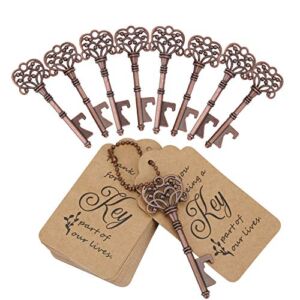 WODEGIFT 60 PCS Key Bottle Openers,Vintage Skeleton Key Bottle Opener with Escort Card Tag and Key Chains,Wedding Party Favor Souvenir Gift(Red Copper