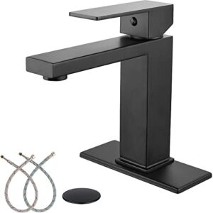 Midanya Matte Black Bathroom Sink Faucet 1 Hole Single Handle Deck Mount Lavatory Mixer Tap Include Pop Up Drain with Overflow and Cover Plate One Lever Stainless Steel SUS304 Commercial