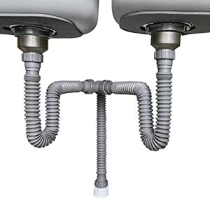 Cinsda Flexible P Trap Kit Fits 1 1/2″ or 1 1/4″ Double Bowl Sink Drain, Expandable All In One Sink Drain Pipe for Kitchen, Bathroom, Restroom