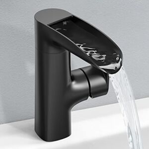Black Bathroom Faucet – WaterSong Bathroom Sink Faucet, Waterfall Spout Faucet for Bathroom Sink, Matte Black Single Hole Bathroom Faucet, 360° Swivel Spout, RV Modern Bathroom Faucet, 100% Lead-Free