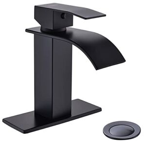 HYEASTR Waterfall Bathroom Faucet Single Handle Bathroom Sink Faucet with Overflow Pop Up Drain & Supply Lines Matte Black 1 Hole