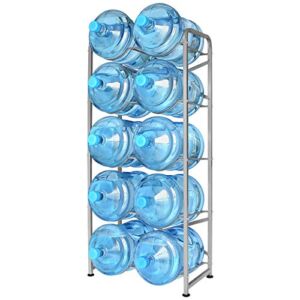 Ationgle 5 Gallon Water Bottle Holder for 10 Bottles, 5 Tiers Heavy-Duty Water Cooler Jug Rack with Reinforcement Frame for Kitchen Office, Silver Grey