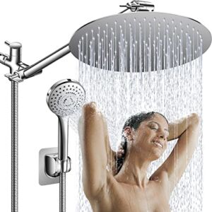 Rain Shower Head, 12″ High Pressure Round Rainfall Shower Head Combo with 11″ Adjustable Extension Arm, 5-Settings Handheld Shower Heads with 60″ Stainless Steel Hose Anti-Leak (Chrome)