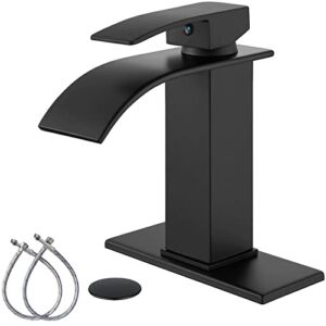 Midanya Matte Black Bathroom Sink Faucet Waterfall Spout Single Handle 1 Hole Deck Mount Mixer Tap Lavatory Vanity Sink Faucet Commercial with Deck Plate and Pop Up Drain