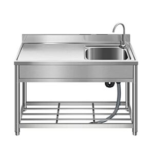 Free Standing Stainless-Steel Single Bowl, Commercial Restaurant Kitchen Sink Set w/ Faucet & Drainboard, Prep & Utility Washing Hand Basin w/ Workbench & Storage Shelves Indoor Outdoor (47in)