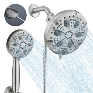 Rainovo Shower Head Combo, 14 Settings 7″ Rain Showerhead & 4.8″ Handheld Shower Spray with Build in Power Wash, 6.5ft Hose and Adjustable Mount for Bath Massage Spa, 3-Way Diverter, Brushed Nickel