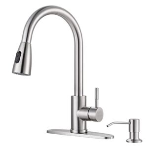 WOWOW Kitchen Faucet with Soap Dispenser, Stainless Steel Kitchen Sink Faucet, Pull Down Kitchen Faucet Brushed Nickel Utility Sink Faucet Single Handle High Arc Kitchen Tap for Sink, RV, Laundry, Bar