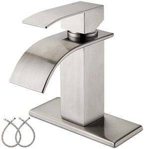 Waterfall Bathroom Faucet – Brushed Nickel Bathroom Sink Faucet, Single Handle Washbasin Faucet, 1 or 3 Hole Deck Mount Mixer Faucet, Stainless Steel Lavatory Tap