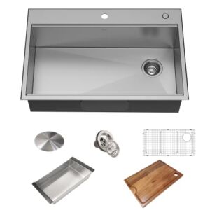 KRAUS KWT310-33/18 Kore Workstation 33-inch Drop-In 18 Gauge Single Bowl Stainless Steel Kitchen Sink with Integrated Ledge and Accessories