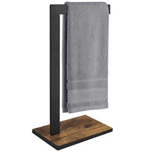 ELITEROO Hand Towel Holder for Bathroom, Hand Towel Stand with Wood Base, L-Shape Hand Towel Rack for Vanity Countertop, Kitchen Counter, Rustic Black and Brown
