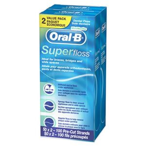 Oral-B Dental Floss for Braces, Super Floss Pre-Cut Strands, Mint, 50 Count, Pack of 2