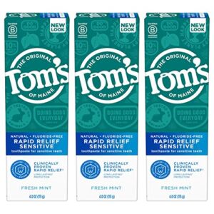 Tom’s of Maine Fluoride-Free Rapid Relief Sensitive Toothpaste, Fresh Mint, 4 oz. 3-Pack (Packaging May Vary)