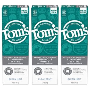 Tom’s of Maine Natural Luminous White Toothpaste with Fluoride, Clean Mint, 4.0 oz. 3-Pack (Packaging May Vary)