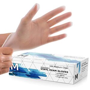 Powder Free Disposable Gloves Medium -100 Pack -Clear Vinyl Medical Exam Gloves