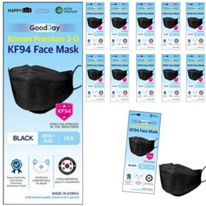 (Pack of 10) Good Day Korea Black Disposable KF-94 Face Mask 4-Layer Filters Breathable Comfortable Protection, Protective Nose Mouth Covering Dust Mask Made in Korea.