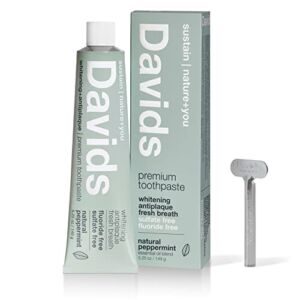 Davids Natural Whitening Toothpaste, Antiplaque, Fluoride Free, SLS Free, Peppermint, Metal Tube, Tube Roller Included, 5.25 OZ Value Size (Compare)