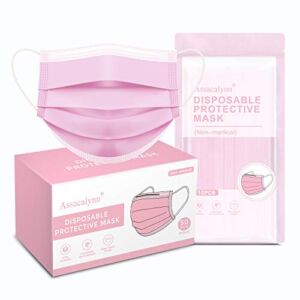 Assacalynn Pink Face Masks Disposable 50pcs, Kawai Cute Pink Masks For Women, 3 Ply Face Mask, Breathable Masks