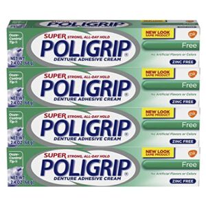 Super Poligrip Zinc Free Denture and Partials Adhesive Cream, 2.4 ounce (Pack of 4)